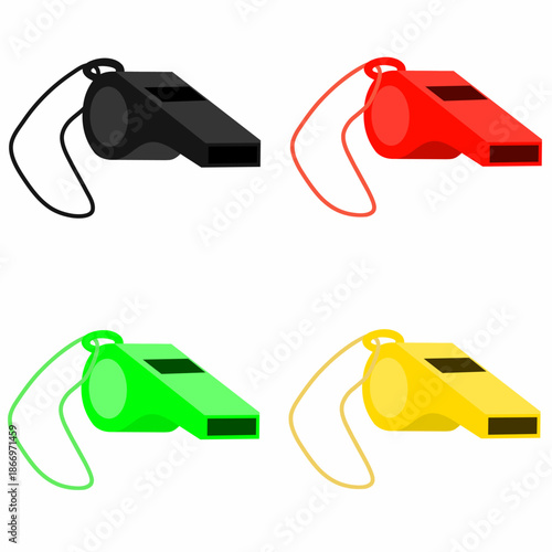 A multicolored whistle icon on a white background. Perfect for sports purposes such as refereeing. Vector illustration of a whistle.