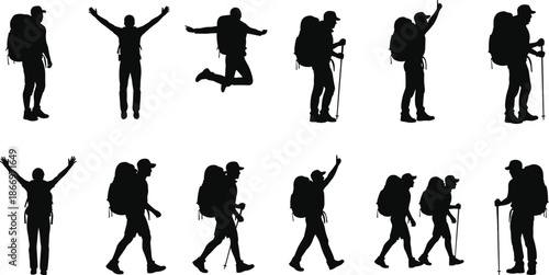 Silhouette hikers trekking with backpacks, outdoor adventure poses, travel lifestyle, mountain exploration, hiking journey, freedom, active recreation illustration, vector, design