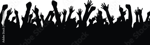 Silhouette crowd cheering with raised hands, concert audience energy, celebration excitement, music festival atmosphere, unity passion, nightlife entertainment, concept, illustration