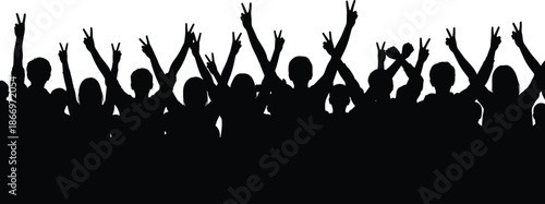Silhouette crowd raising hands with peace signs, celebration unity concept, happy people together, success victory energy, festival audience excitement, teamwork spirit