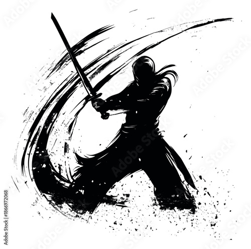 Dynamic ink style illustration of a warrior with a sword depicting a powerful sword strike for action themes