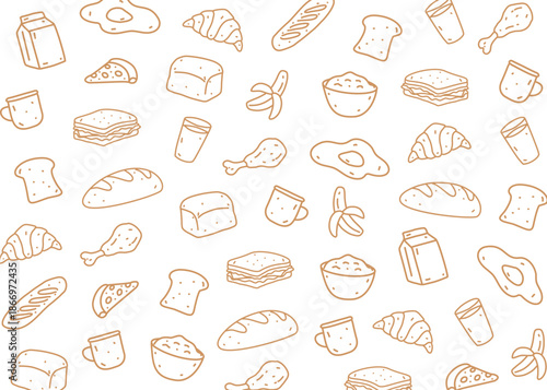 Breakfast food illustration with brown line and white background, food packaging, menu illustration