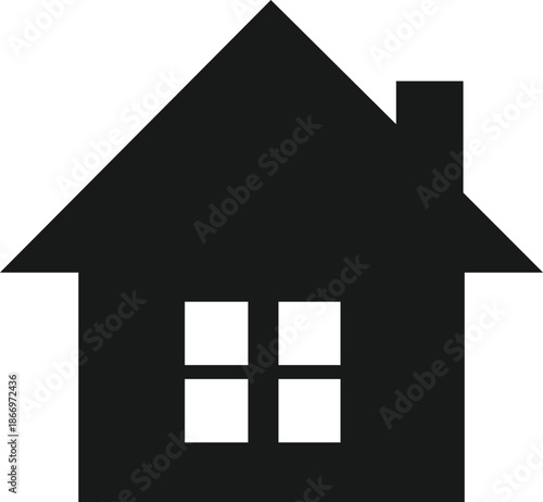 A simple black silhouette of a house with a prominent window, representing home or property.