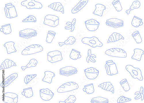 Breakfast food illustration with blue line and white background, food packaging, menu illustration