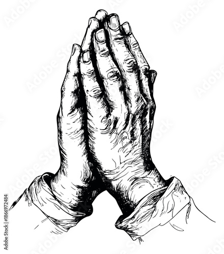 Hand drawn line art illustration of praying hands depicting devotion and hope for religious and spiritual concepts