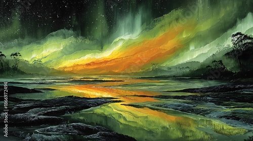 Majestic Aurora Over Tranquil River at Night with Starry Sky