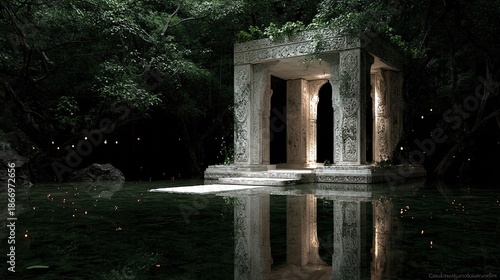 Serene Ancient Temple Reflection in Lush Green Forest Landscape
