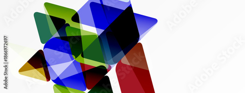 Abstract composition. Overlapping translucent shapes create dynamic visual effect. Colors blend, forming complex patterns. Minimalist design.