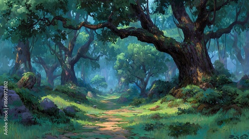 Majestic Forest Pathway Under Lush Canopy with Soft Light