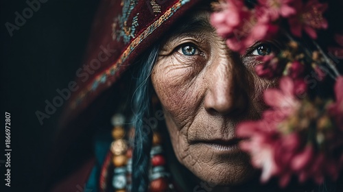Elderly Woman Portrait with Natural Elements and Traditional Attire