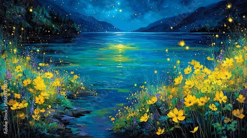 Vibrant Night Landscape with Flowers and Starry Sky Reflections