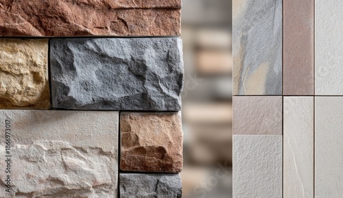 Close-up of various textured stone blocks with different colors and patterns