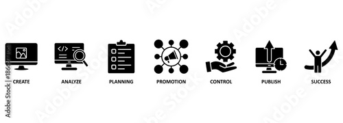 Banner content strategy vector illustration concept with keywords and icons