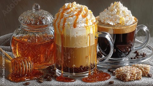 Delicious Coffee Beverages with Cream and Honey Drizzle