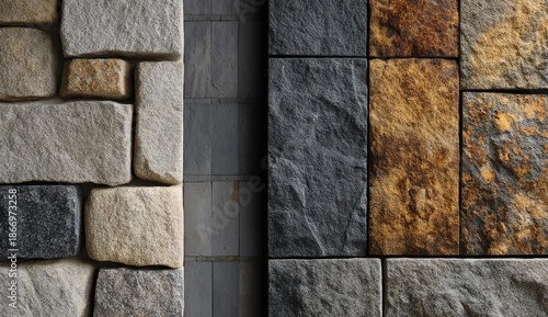 Close-up of various stone blocks in shades of grey, tan, brown, and black