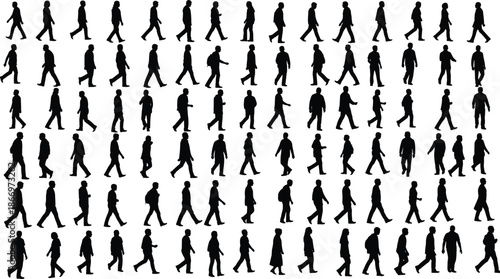 Grid of Silhouettes Showing Diverse Walking Styles and Postures for Gait Analysis, Animation, or Urban Design Use