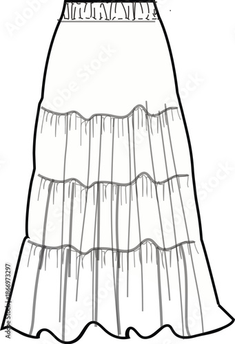 tiered skirt gathered midi maxi slip skirts gather cad Garment Flat clothing technical drawing cads fashion design apparel outline v neck trending vector designer  women illustration croquettes 
