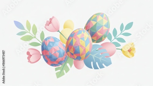 Modern Abstract Easter 2026 Concept. Creative Geometric Eggs with Floating Botanical Flowers and Pastel Colors. Surreal Vector Illustration.