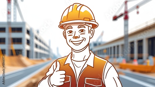 Continuous One Line Drawing of a Construction Worker in Minimalist Linear Style