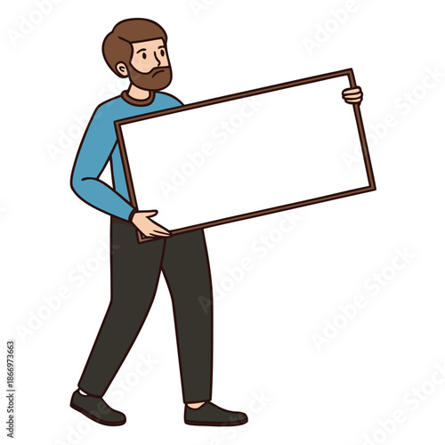 A brown haired bearded man wearing blue shirt holding large blank white sign board for advertisement or announcement