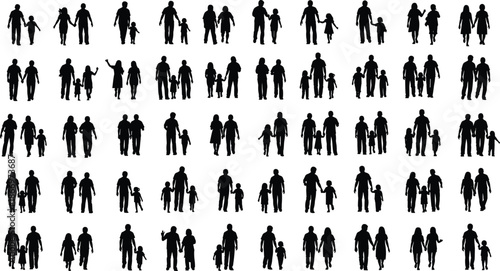 Grid of Silhouettes Showing Family and Guardian-Child Groupings for Use in Demographic, Educational, or Design Illustration Projects