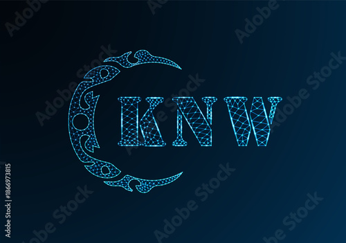 Low poly letter logo KNW design. KNW letter logo low poly vector design on blue color gradient background. KNW logo low poly design