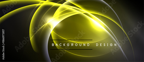 Abstract yellow neon lines form swirling shapes over dark background. Bright center radiates light, creating dynamic visual effect.