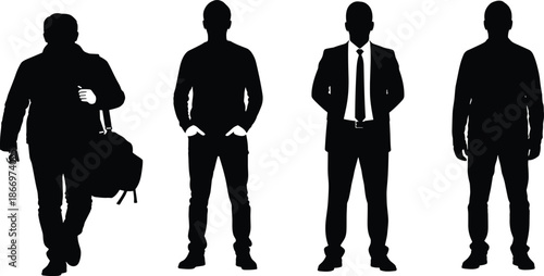 Silhouette collection of standing men, businessman in suit, casual traveler with bag, cad drawing flat vector illustration for design