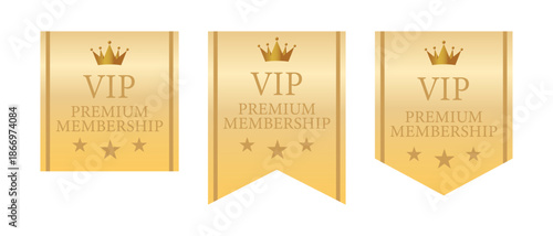 王冠モチーフ付きVIP PREMIUMリボンバッジセット｜ゴールド基調の高級会員向けエンブレム
