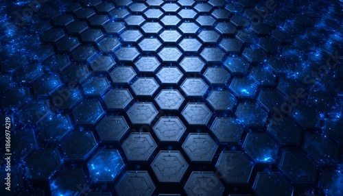 Glowing black and blue hexagon pattern on silver metal surface futuristic 3D background rendering