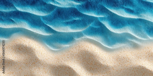 Close-up of an abstract background with blue water ripples and sand, a summer beach concept banner, top view