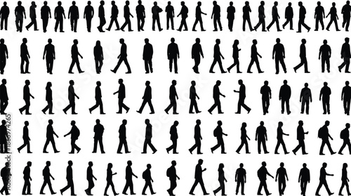 Grid of Silhouettes Showing Varied Human Walking Postures and Gait Styles for Animation, AI, or Behavioral Study Use