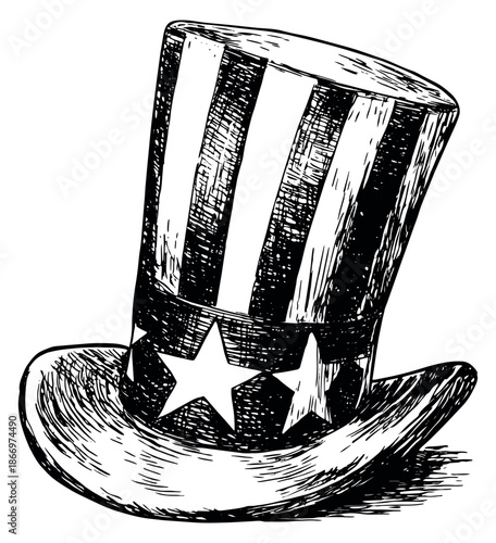 Hand drawn line art illustration of an Uncle Sam hat depicting patriotism for US national holidays