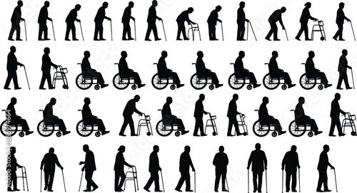 Silhouette collection of elderly people, disabled seniors with walking sticks, canes, walkers, and wheelchairs, vector icons set for mobility and rehabilitation