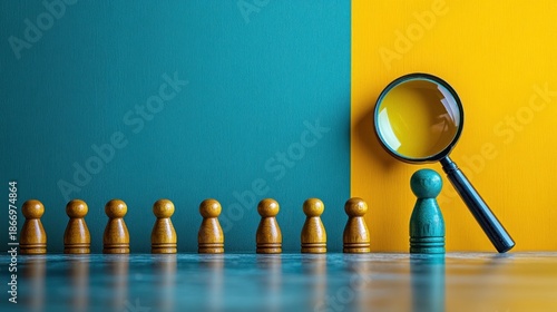 Teal pawn under magnifying glass,  standing out from group