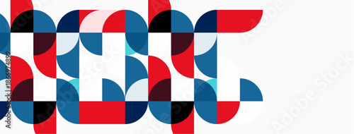 Abstract geometric pattern. Circles, semicircles create dynamic composition. Red, blue, pink hues dominate design. Modern aesthetic.