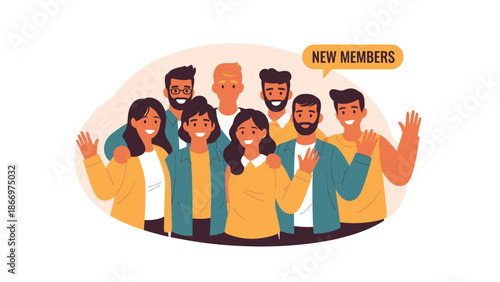 Diverse group of new members smiling and waving celebrating community and inclusion.