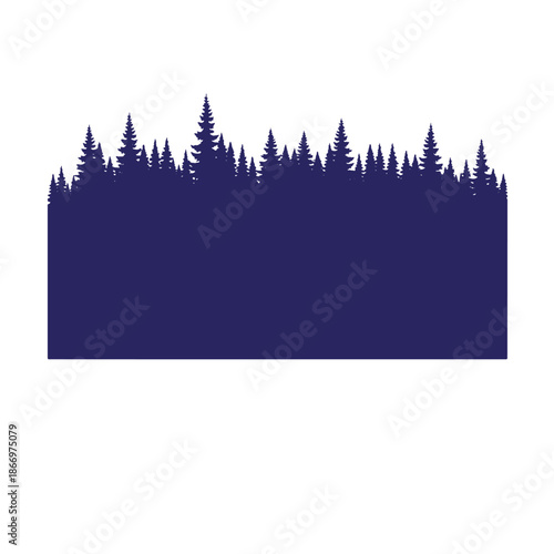 Dark blue silhouette of a forest with many pine trees on white background  natural scenery