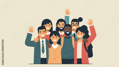 Diverse group of people smiling and waving together.