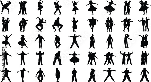 Grid of 64 Dance Silhouettes Showing Diverse Poses, Movements, and Styles for Choreography, Animation, or Artistic Design Use