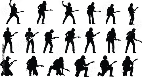 WebSilhouettes of 18 Electric Guitar Players in Dynamic Performance Poses for Music, Art, or Promotional Design Use