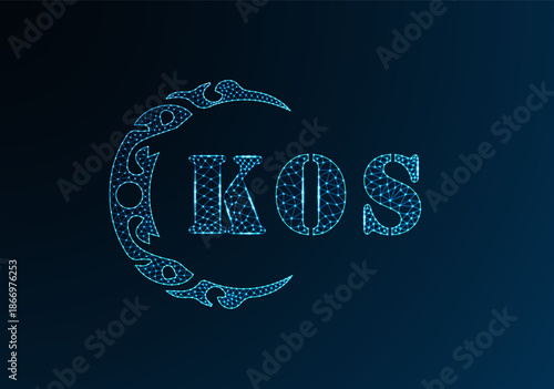 Low poly letter logo KOS design. KOS letter logo low poly vector design on blue color gradient background. KOS logo low poly design