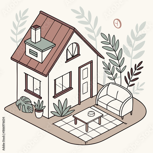 Illustrated cozy house with outdoor seating