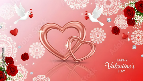 バレンタイン, バレンタインデー, Happy Valentine's Day, ハート, バラ, 鳩, 鳥, レース, 花, ピンク, 赤, ローズゴールド