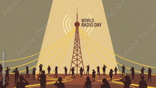 Illustration of people saluting a radio tower on world radio day with yellow lines and a gray background with digital art and communication and broadcasting