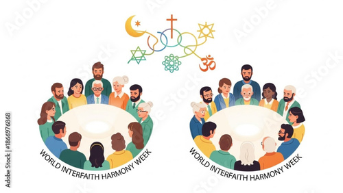 Diverse group of people from different faiths gathered together in harmony for world interfaith harmony week with symbolic religious icons with diversity