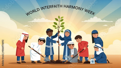Diverse group of people in traditional clothing planting a tree together for world interfaith harmony week under a sunny sky with clouds with diversity