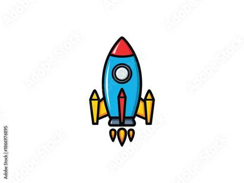 Cartoon rocket ship launching with flames isolated on white background vector illustration