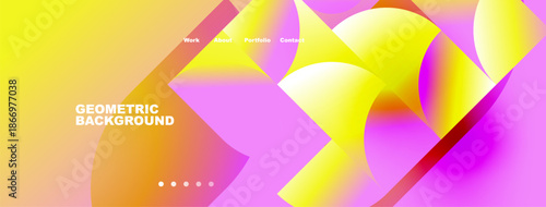 Abstract geometric background. Vibrant pink, yellow hues create modern design. Navigation menu present, dots indicate sections.