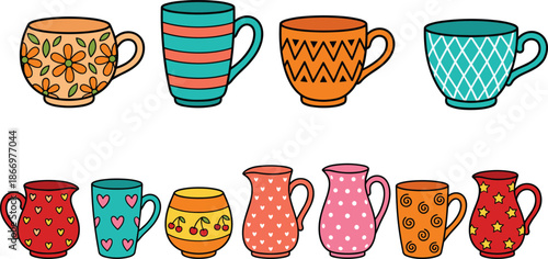 Colorful ceramic mug and jug illustration set vector, cute patterned cups, handmade pottery drinkware, flat cartoon style, isolated white background